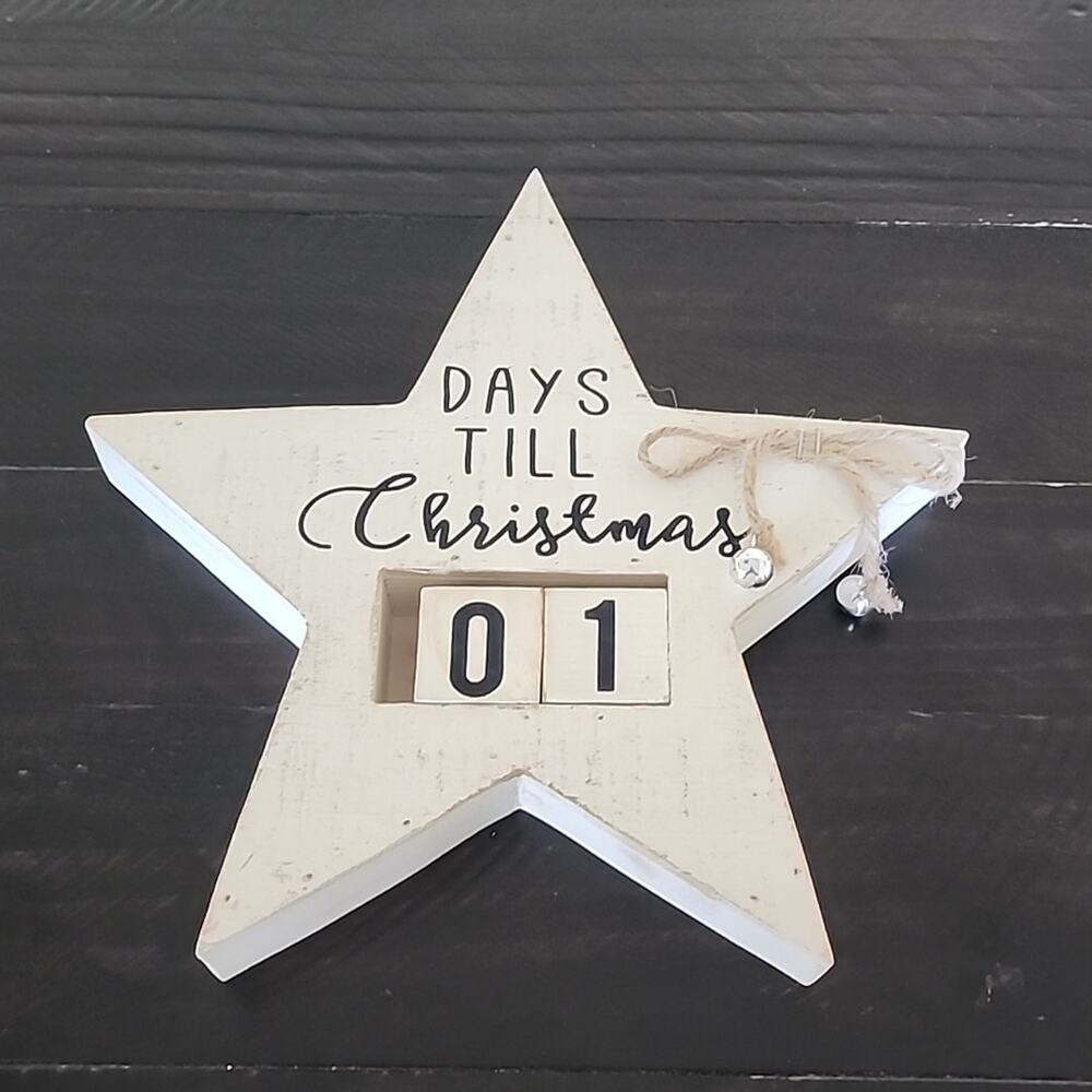 CHRISTMAS Star Calendar Countdown Days Till Christmas Wood Bells White